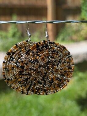 Handcrafted Seed Bead Hoop Earrings - Black, Gold & Silver